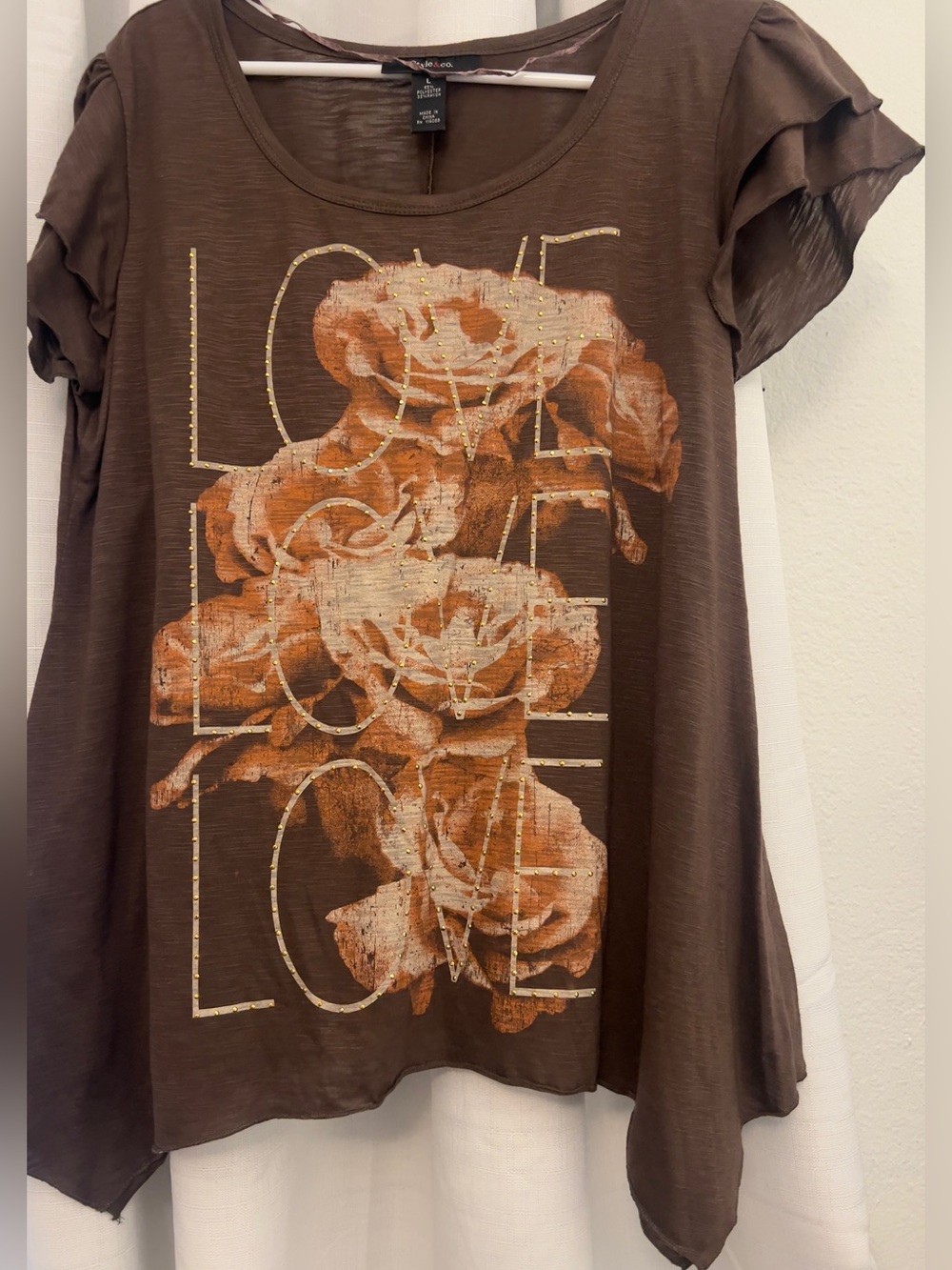 STYLE & CO~Brown Vintage Short Sleeve LOVE ROSES Women's Size Large